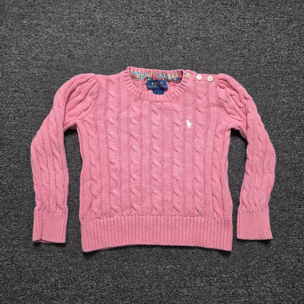 Polo Ralph Lauren Cable Knit Sweater Pink Girls 4 Puff Sleeve Button Shoulder - Picture 1 of 6